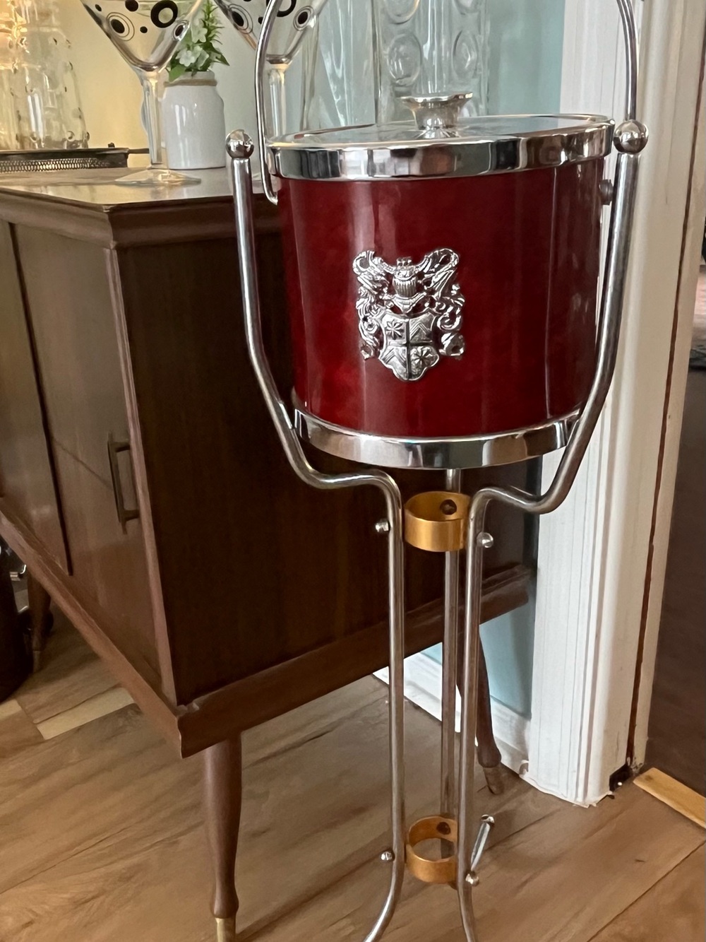 Vintage MCM Chrome Ice Bucket Stand W/embossed Merlot Vinyl Ice Bucket